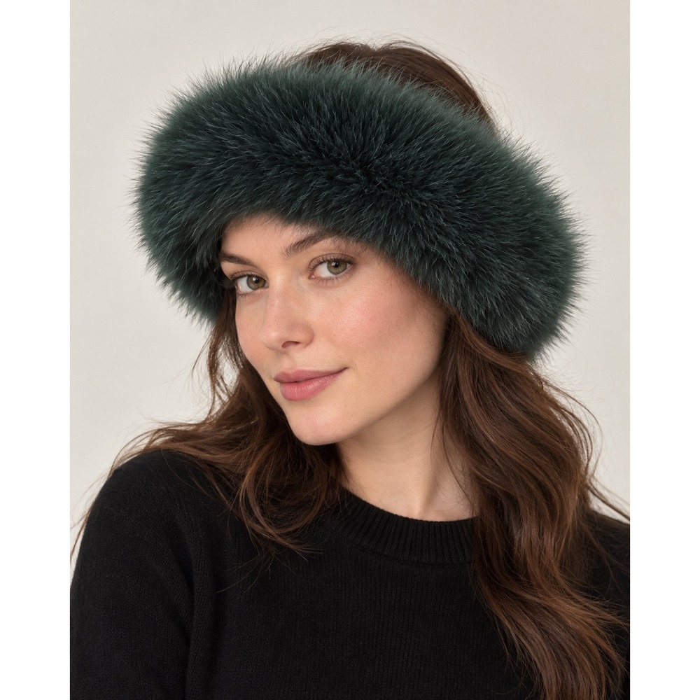 Vintage Genuine Fur Headband Neck Warmer Forest Green Adjustable Small